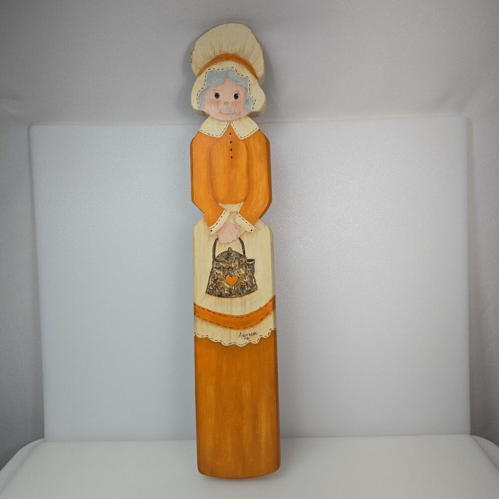 VTG Primitive Old Woman Wall Hanging Hand Painted Folk Art Rustic Farmhouse 1983